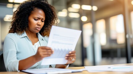 Fototapeta premium A woman with curly hair studies a financial chart at her desk in a contemporary office space during a productive workday