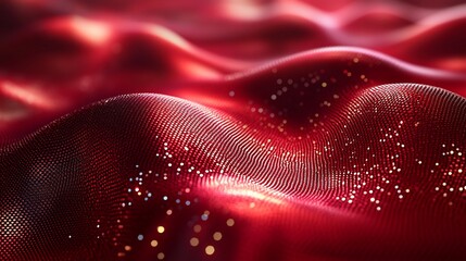 Abstract red and gold wavy surface with bokeh lights.