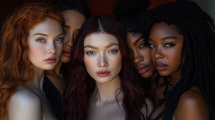 Fototapeta premium A powerful gathering of five diverse women showcasing strength and confidence against a vibrant backdrop