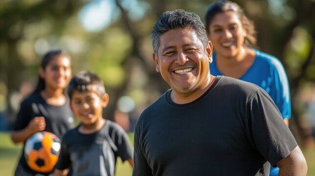 A joyful Colombian family plays soccer together in a sunny park, celebrating love and laughter as they bond over friendly competition
