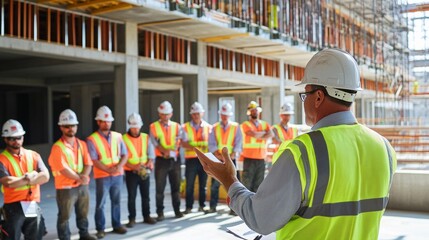 A project manager conducting a safety briefing with construction crews in full protective gear at a university campus construction site, Campus construction safety briefing scene