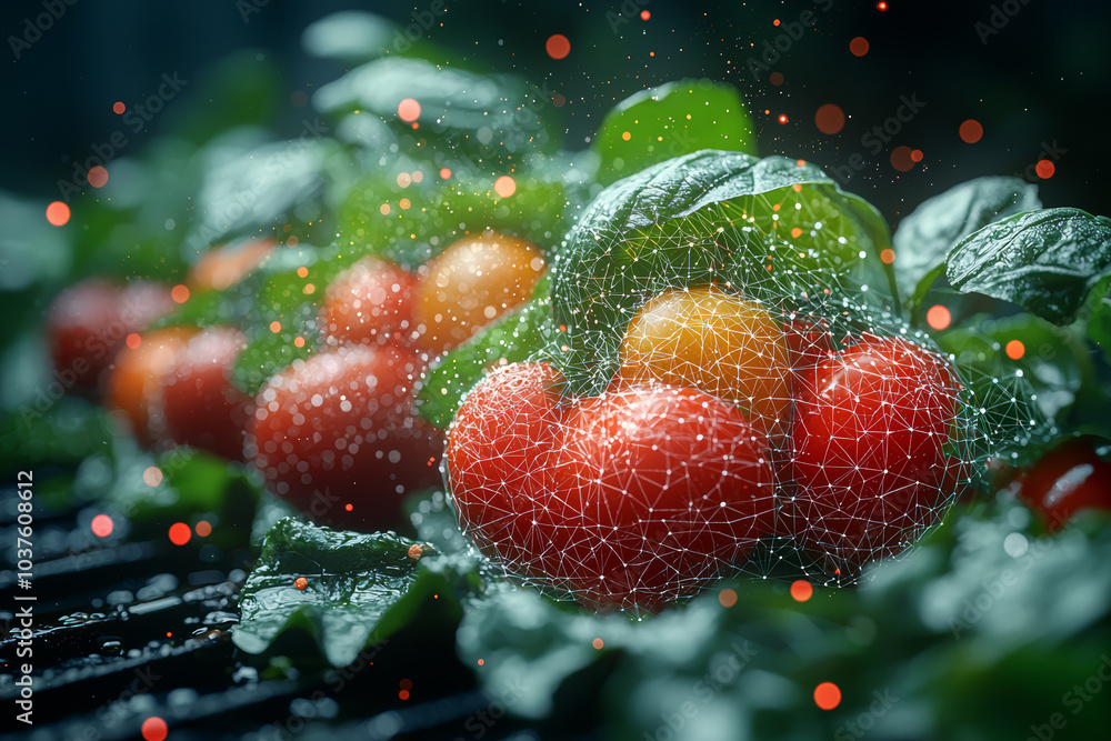 Poster a food tech company using blockchain to track food supply chains, representing transparency and trac