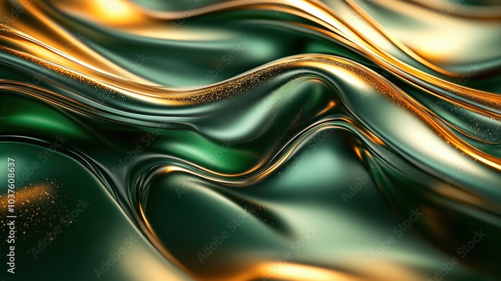 Poster Dynamic fluid forms in emerald green and gold create an abstract expression of luxury and depth in a captivating design