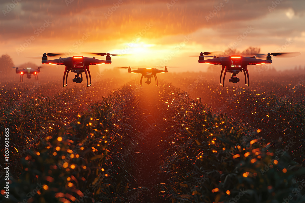 Poster a fleet of drones collecting data on weather patterns and soil conditions to optimize harvests, repr