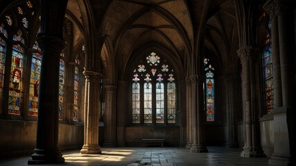 Fototapeta premium A dimly lit church interior with stained glass windows and a stone floor.