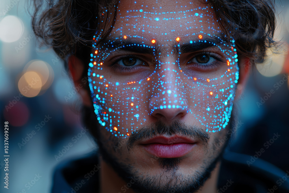 Poster a facial recognition technology used in public spaces, sparking debates about privacy and surveillan