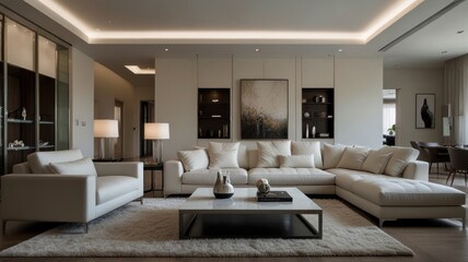Modern living room with a calm atmosphere bathed in soft natural light. Clean white walls and a plush white sofa create a clean and airy atmosphere.
