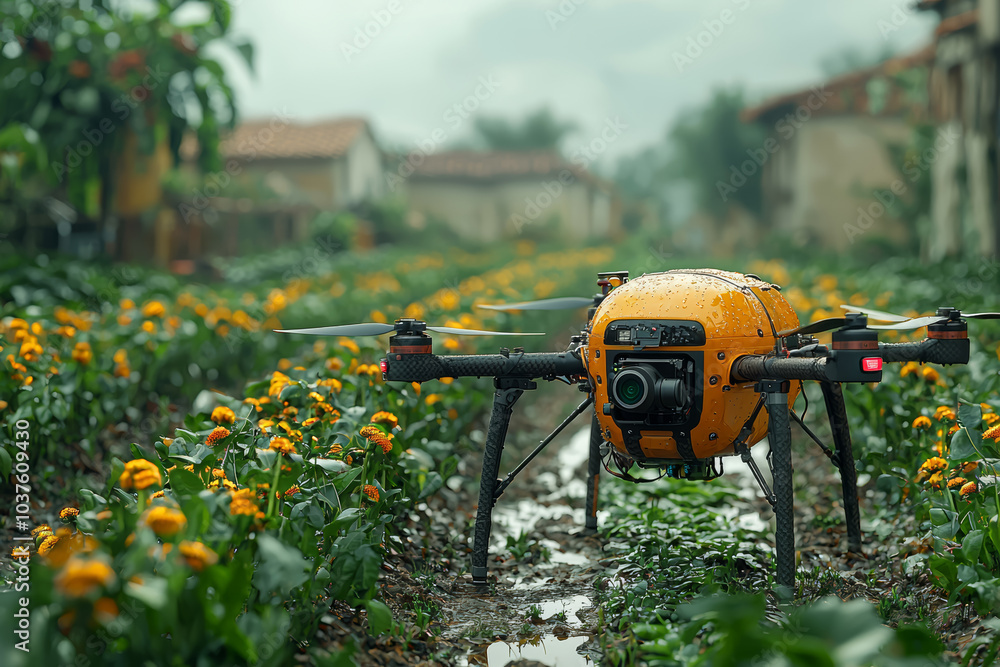 Poster a drone used to create 3d models of fields for optimized planting strategies, highlighting precision