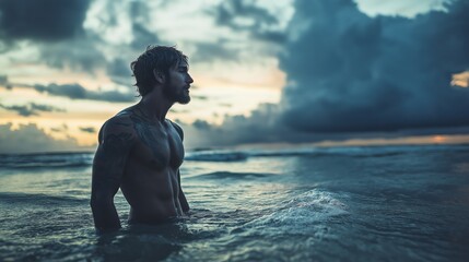 A solitary man with tattoos stands calmly at the edge of the ocean, embraced by waves beneath a dramatic cloud-filled sky