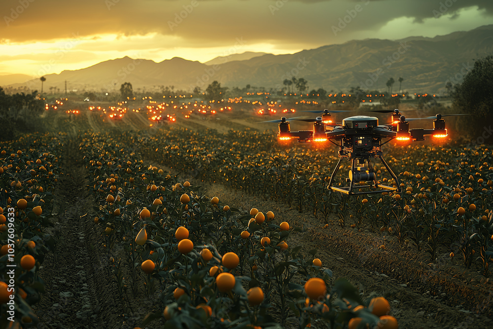 Poster a drone swarm collecting data across a vast expanse of farmland, showcasing the scalability of drone