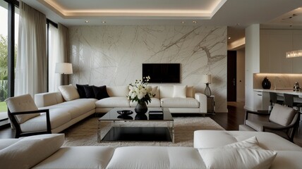 Modern living room with a calm atmosphere bathed in soft natural light. Clean white walls and a plush white sofa create a clean and airy atmosphere.