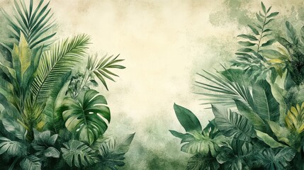 A dreamy tropical jungle oasis featuring lush monstera and vibrant banana leaves in a watercolor masterpiece