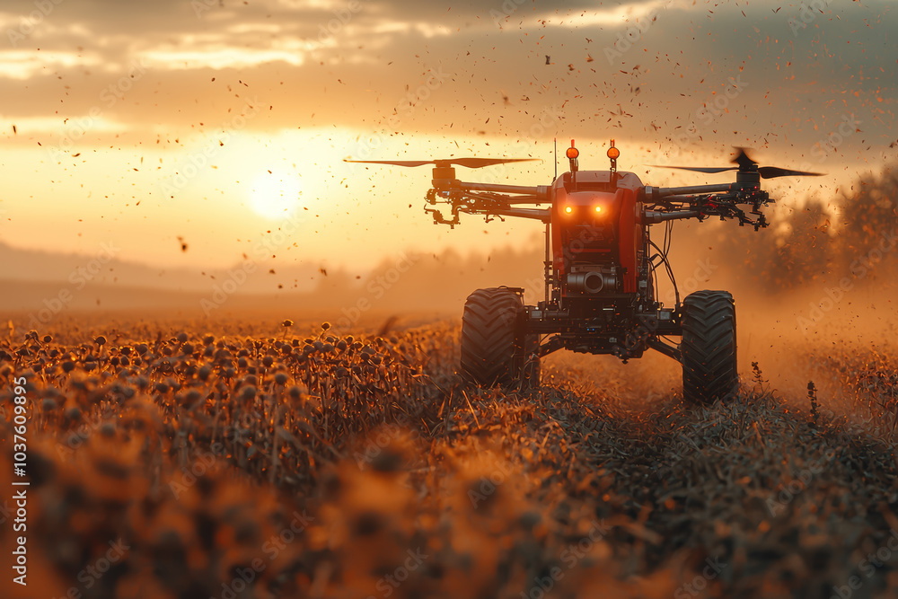 Poster a drone flying over a field as part of an autonomous farming system, illustrating the future of full