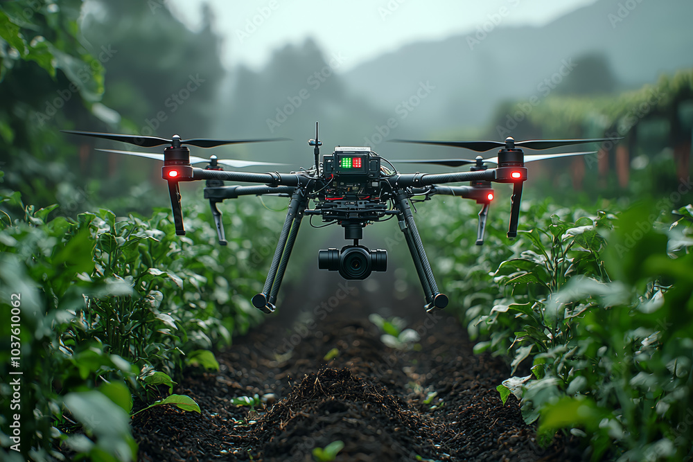 Poster a drone capturing real-time data on soil moisture levels, illustrating the integration of iot and dr