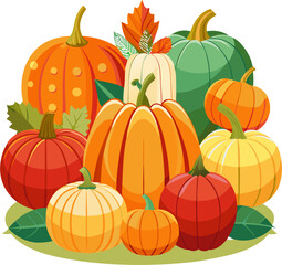 A vibrant illustration featuring a delightful collection of pumpkins in various sizes and colors, perfect for adding a touch of autumnal charm to your designs.