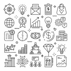 A collection of line icons depicting various business concepts, such as finance, growth, marketing, and teamwork. Ideal for presentations, website design, and marketing materials.