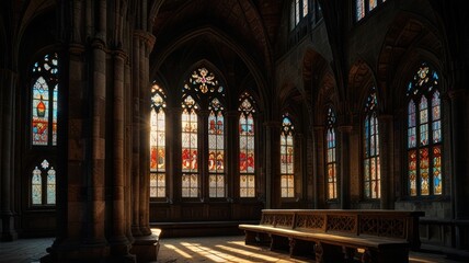 Fototapeta premium Sunlight streams through stained glass windows in a cathedral, illuminating a row of pews.
