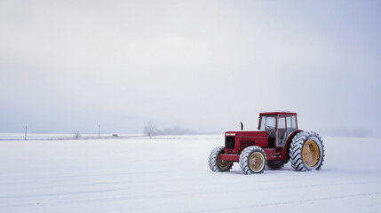 Powerful tractor crossing field through winter nature with cold agriculture equipment. Snow season creating rural countryside atmosphere in frosty light