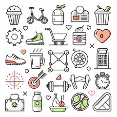 A set of 26 line icons illustrating a healthy lifestyle and fitness.  Perfect for designing websites, mobile apps, and other digital projects.  These icons are ideal for  motivational content.