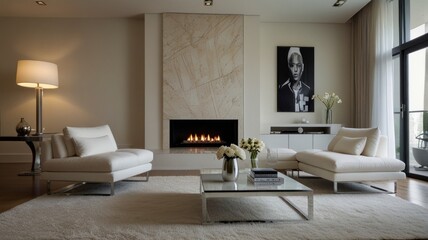 Modern living room with a calm atmosphere bathed in soft natural light. Clean white walls and a plush white sofa create a clean and airy atmosphere.