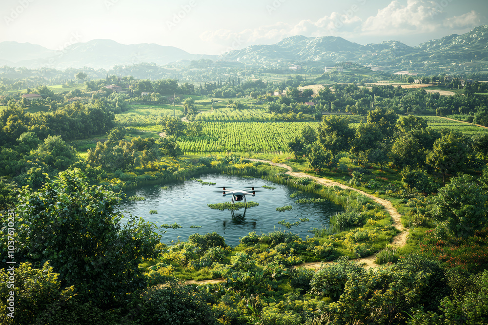 Poster a drone autonomously monitoring large-scale farmland, emphasizing the increased efficiency of drone 