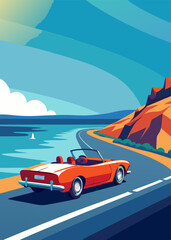 A vibrant illustration of a red convertible driving along a winding coastal road, capturing the essence of summer adventure and scenic beauty.