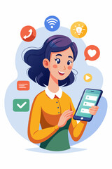 A cheerful woman smiles while holding a smartphone with various icons above her head, representing the digital world and its interactions.