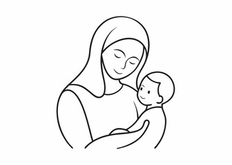 A simple line drawing illustration of a mother holding her baby. This image is perfect for representing love, care, and family. It is ideal for use in religious or spiritual projects.