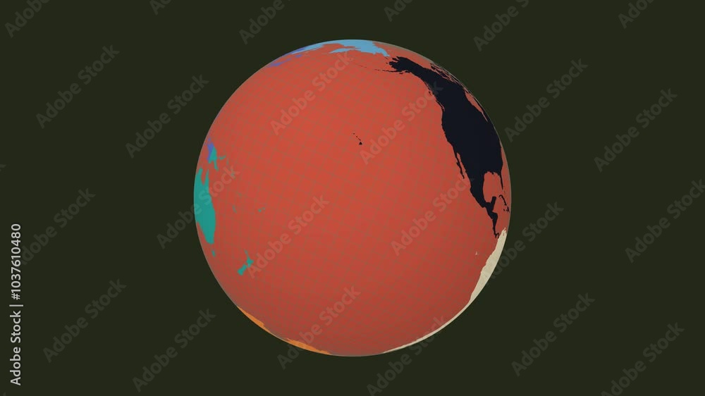 Poster rotating globe. tilted sphere view. slow speed globe rotation. colored continents style. world map w