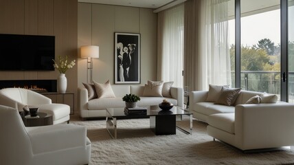 Modern living room with a calm atmosphere bathed in soft natural light. Clean white walls and a plush white sofa create a clean and airy atmosphere.