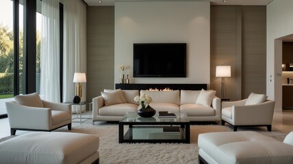 Modern living room with a calm atmosphere bathed in soft natural light. Clean white walls and a plush white sofa create a clean and airy atmosphere.