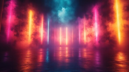 Naklejka premium Vibrant neon light show with colorful smoke and reflections creating a futuristic atmosphere in an abstract space