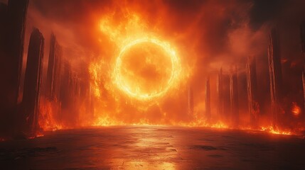 Epic fiery landscape with erupting flames and a mystical circular portal illuminating the darkened environment