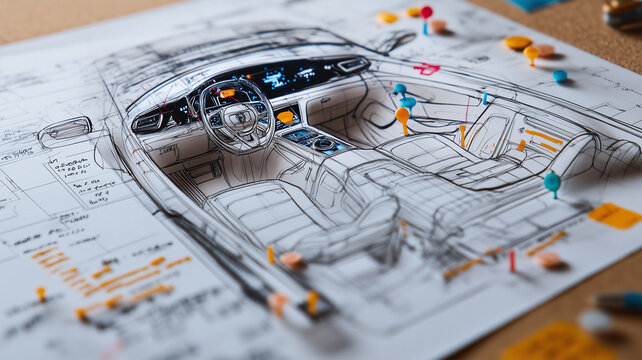 設計の詳細を示す車の設計図