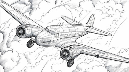 Flying airplane design for coloring book page with detailed drawing of sky flight jet and aircraft, showing travel illustration with plane details