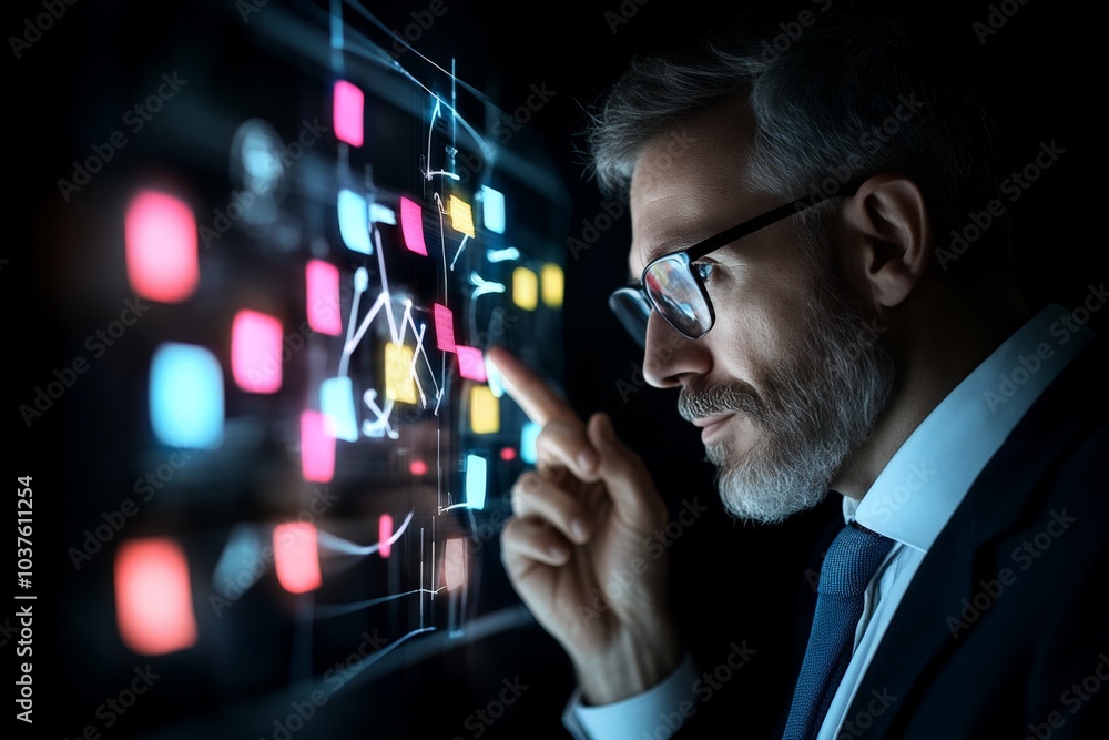 Poster businessman interacts with illuminated futuristic digital interface, showcasing data visualization a