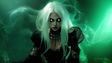A mystical woman with glowing green aura, white hair, and eerie black makeup in an enchanting otherworldly realm