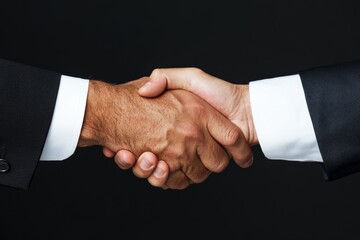 Two professionals exchange a firm handshake, symbolizing agreement and trust in a formal business environment, emphasizing partnership and mutual commitment.