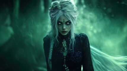 Fototapeta premium A mystical woman with glowing white hair and eerie green aura, embodying an ethereal spirit in a supernatural realm at twilight