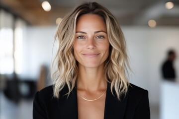 Obraz premium A confident woman with blonde hair wearing a black blazer, standing in a modern office space, exuding professionalism and positivity in her stance.