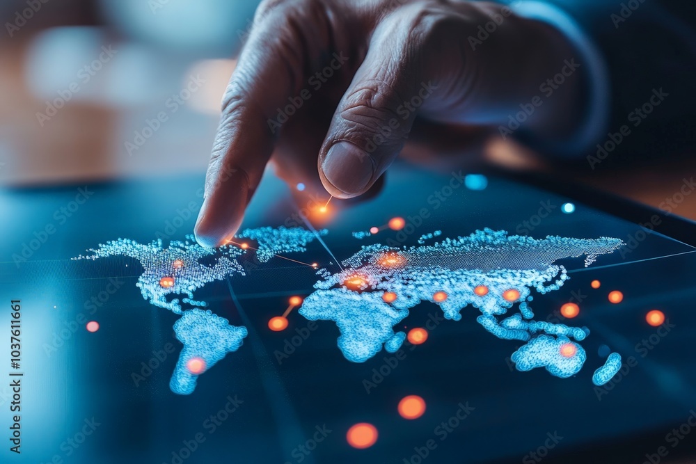 Poster a hand points to a digital map displaying global data on a touchscreen, illustrating technological a