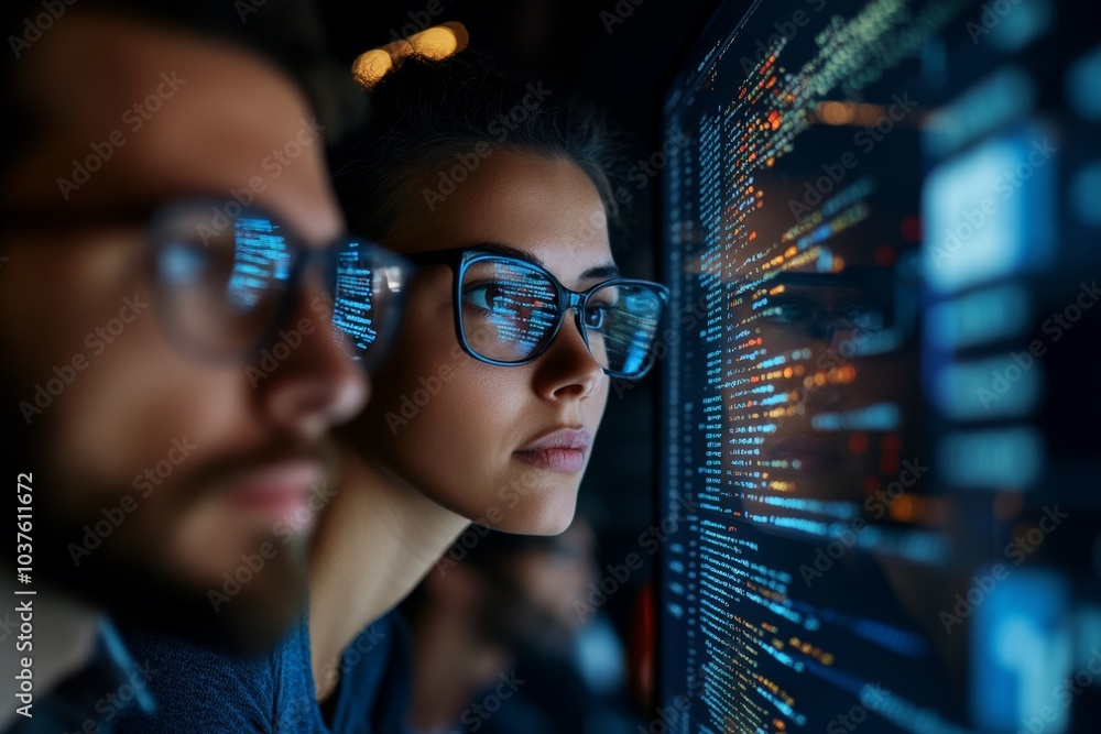 Poster two professionals intently focus on computer screens displaying code, showcasing collaboration and c