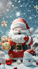 the 3d render character design of the santa cartoon witht he deers and the toys presents blue background 