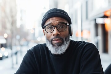 Fashion-forward man with distinct eyewear and earbuds enjoying city life, showcasing the interplay of personal style and modern technological connectivity in an urban setting.