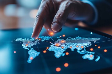 A hand points to a digital map displaying global data on a touchscreen, illustrating technological advancement, connectivity, and the global network concept.