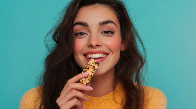Fresh granola bar for quick snack with woman eating energy packed nutrition, sweet healthy calories and protein diet food for breakfast
