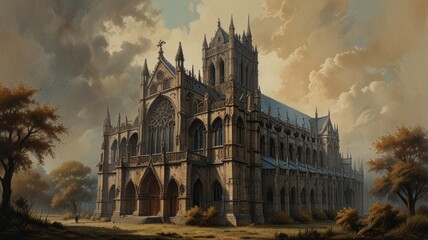 Fototapeta premium A grand gothic cathedral with a tall spire, stone walls, and arched windows, set against a backdrop of cloudy skies and trees.