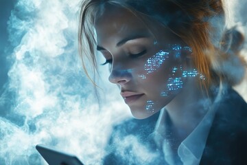 Futuristic Technology: Woman in Digital Smoke with Augmented Reality Hologram
