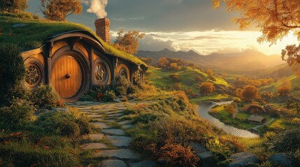 A tranquil sunset in the Shire with cozy hobbit holes, golden trees, and a gentle river meandering through the picturesque landscape