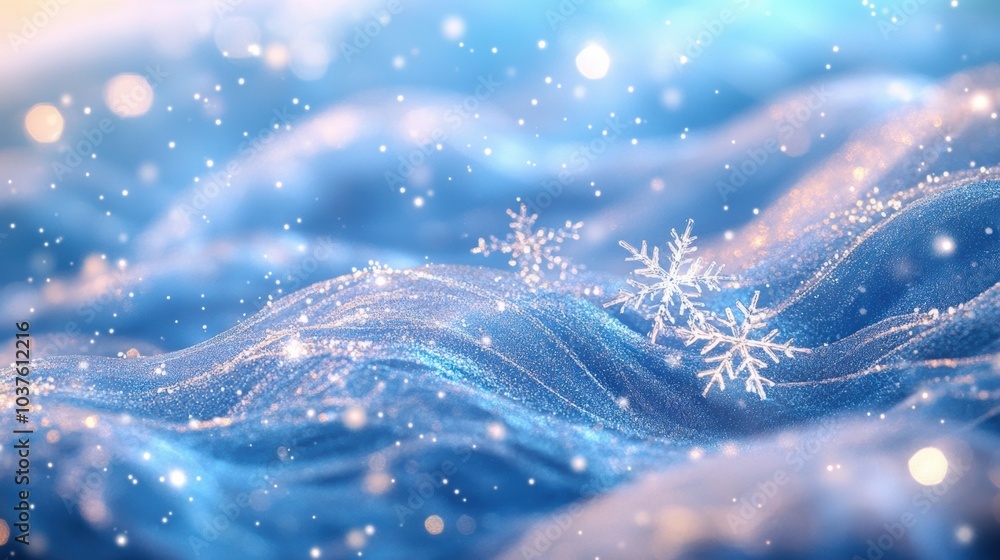Poster delicate snowflakes sparkle on swirling blue waves, creating a mesmerizing winter atmosphere filled 